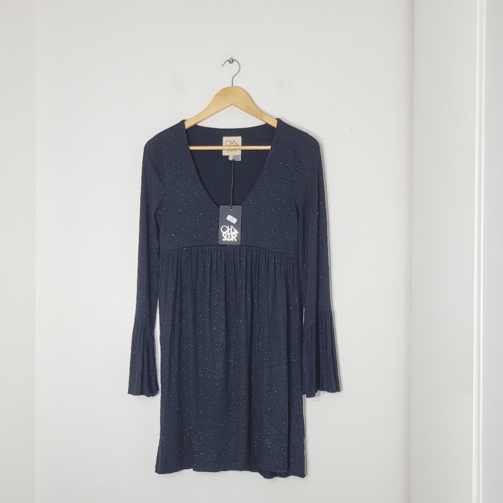 Chaser NEW Women's Black Long Bell Sleeves Sparkle V-neck Shift Dress Sz S NWT